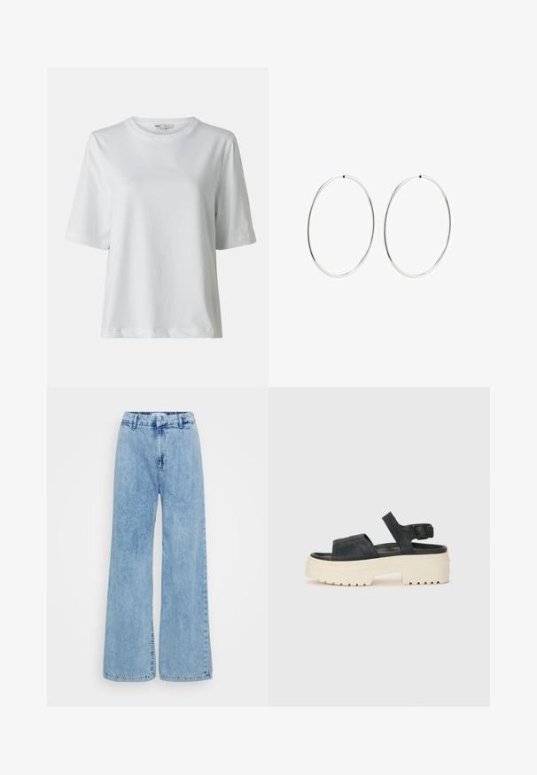 White short-sleeve t-shirt with a crew neck. Made of soft fabric, featuring a relaxed fit and subtle stitching details.; Light blue wide-leg jeans made of denim, featuring a high waist, front button closure, and subtle fading across the fabric.; Black suede platform sandals with a chunky white sole, wide front strap, and adjustable ankle buckle. Textured outsole for grip.; Silver hoop earrings with a smooth, round design and a polished finish. They are thin and lightweight, featuring a simple clasp closure.