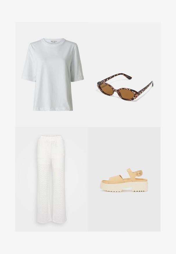 Tricou alb cu maneci scurte și guler rotund. Fabricat din material moale, cu un croi lejer și detalii subtile de cusătură.; Pantaloni albi cu un design evazat, prezentând un model discret în formă de zigzag, talie elastică și material texturat deosebit de ușor.; Sandal galben din piele ecologică cu un toc platform alb gros. Dispune de două curele late și o curea ajustabilă pentru gleznă cu o cataramă metalică.; Ochelari de soare cu mâneri tortoise, cu lentile ovale, cu nuanță maro, brațe subțiri ce au un model texturat, cadru din plastic ușor.