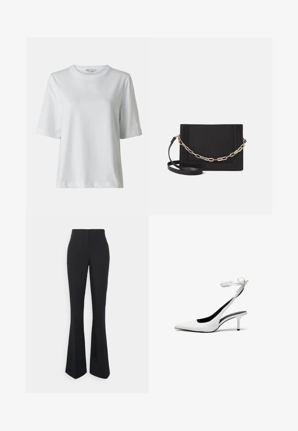 Balta trumpomis rankovėmis marškinėlė su apvaliu kaklu. Pagaminta iš švelnaus audinio, turi laisvą kirpimą ir subtilius siuvimo akcentus.; ONLY Tall ONLEDINA FLARE PANT - Kelnės - black; Balti smaili ovalo pirštai su banguota atvira užsegimo juosta. Lygi odinė medžiaga, plonas stiletto kulnas ir juodas vidinis pamušalas.; Juodas odinis per petį nešiojamas krepšys turi lygų paviršių, stačiakampio formą ir metalinę grandinėlę priekyje. Pridedama reguliuojama dirželis.