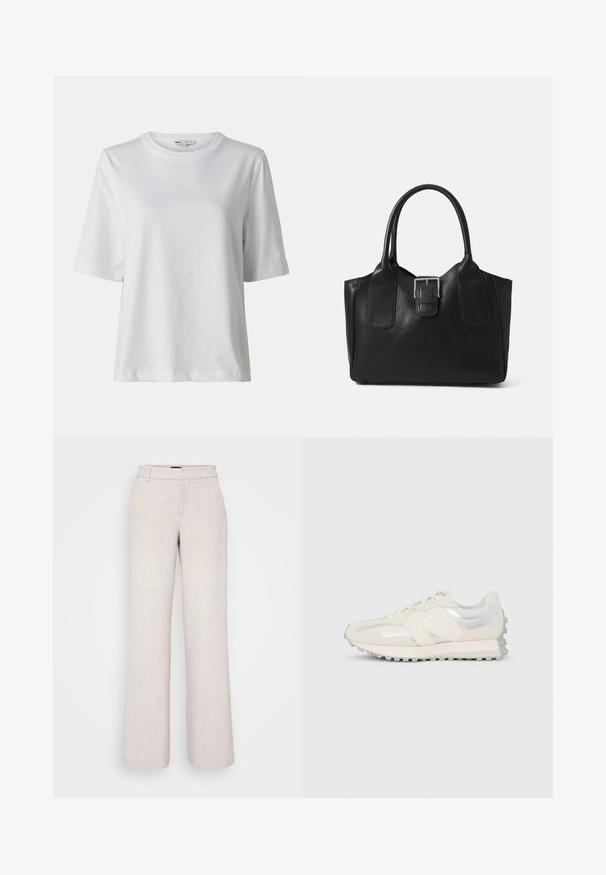 Tricou alb cu maneci scurte și guler rotund. Fabricat din material moale, cu un croi lejer și detalii subtile de cusătură.; Pantaloni largi de culoare bej deschis, fabricați dintr-un material texturat, cu un față plată, curea de brâu și buzunare laterale.; Pantof sport crem și argintiu cu profil jos, șireturi și talpă cu textură, văzut din lateral pe un fundal alb simplu.; Geantă tote din piele neagră cu textură netedă, formă structurată, două mânere și un detaliu proeminent din aliaj de argint pe partea din față.