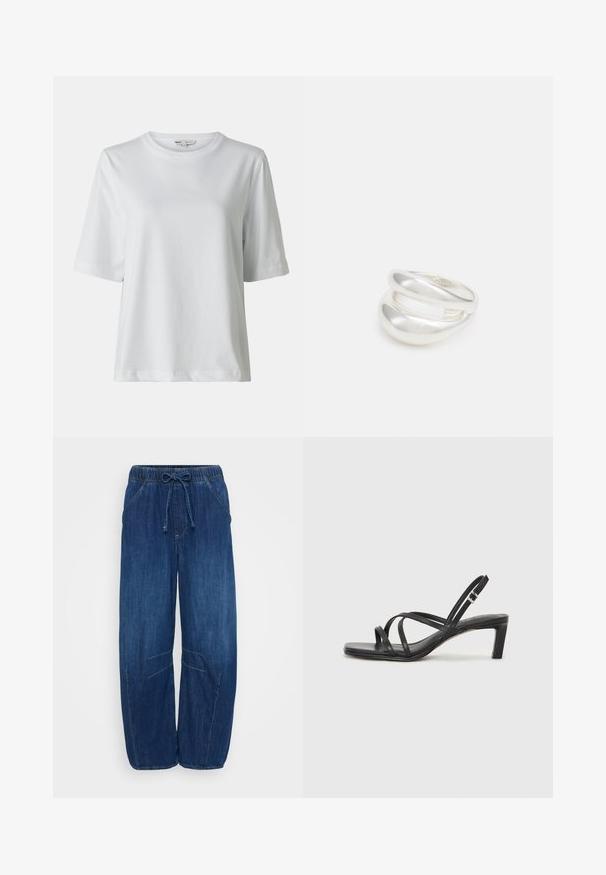 White short-sleeve t-shirt with a crew neck. Made of soft fabric, featuring a relaxed fit and subtle stitching details.; Denim pants in dark blue with an elastic waist and drawstring. Features two side pockets and stitching accents, tapered leg openings.; Black strappy sandal with a square toe and a low block heel. Features multiple thin straps and an adjustable ankle strap. Made of smooth leather.; Silver double-band ring with a smooth, polished surface. Features a fluid, curved design with overlapping sections for a modern look.