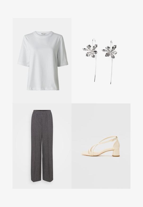 White short-sleeve t-shirt with a crew neck. Made of soft fabric, featuring a relaxed fit and subtle stitching details.; Gray, wide-leg trousers with an elastic waistband, featuring a textured fabric and a subtle pattern. No pockets or visible closures.; Beige heeled sandals with a block heel, strappy design, and adjustable ankle strap, made of smooth synthetic material with a matte finish.; Silver flower-shaped earrings with a textured finish, featuring long hooks and petal-like details for an intricate design.