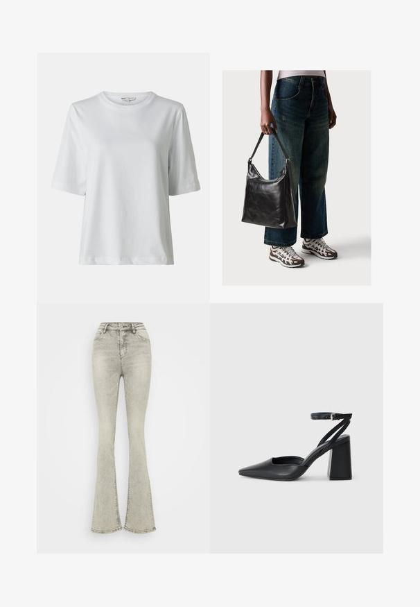 Hvit kortermet t-skjorte med rund hals. Laget av myk stoff, med en avslappet passform og subtile sømdetaljer.; Lysegrå vide jeans med høy midje, laget av denim, med glidelåsfront og subtil søm langs sømmene.; Svart lær pumps med spiss tå, ankelrem og kraftig hæl. Flat tekstur, strømlinjeformet design og minimalisme.; Sort skinnveske med en glatt tekstur og justerbar stropp, kombinert med falmede vide jeans og atletiske sneakers.