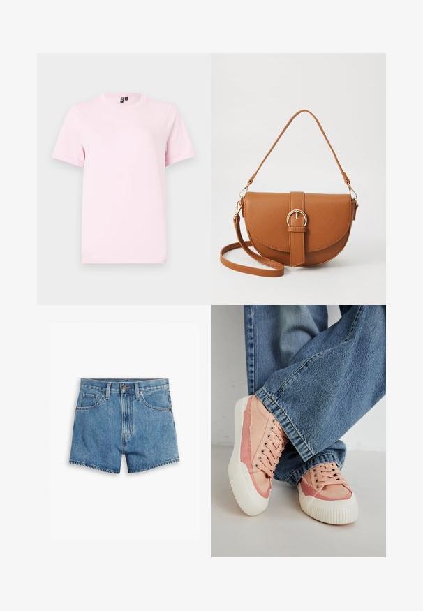 Light pink short-sleeve t-shirt made from cotton, featuring a round neck and a simple, smooth texture with no patterns or accents.; Denim shorts in light blue, featuring five pockets, a zip fly, and a button closure. The hem is frayed with a relaxed fit design.; Pink canvas sneakers with white rubber soles, featuring round lace-up eyelets and frayed detailing, paired with blue wide-leg jeans.; Brown leather crossbody bag with a curved shape, gold hardware, and a buckle accent. Features a detachable shoulder strap.