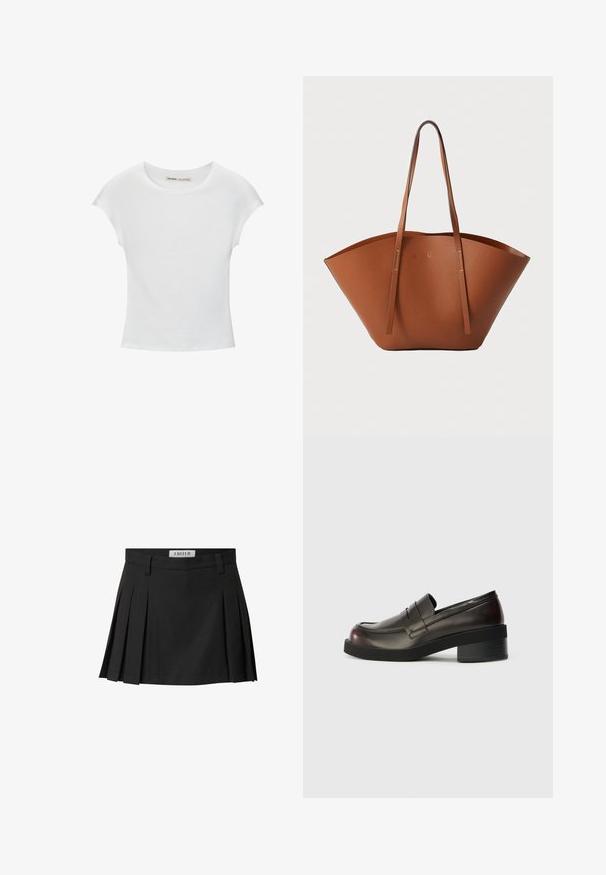Witte katoenen T-shirt met een ronde hals, korte mouwen en een getailleerd ontwerp. Soepele textuur zonder patronen of versieringen.; Zwarte plissérok van gladde stof, met een tailleband en zijknaden, ontworpen met een uitlopende silhouet. Label leest "EDITED."; Donkerbruine leren instappers met een ronde neus, gestikte details en een gematigd blokhak. Fluweelzachte textuur, minimalistisch ontwerp.; Bruine lederen totebag met een brede, gestructureerde vorm, dunne handvatten en een gestructureerde afwerking. Kenmerkt zich door een minimalistisch ontwerp zonder zichtbare hardware.