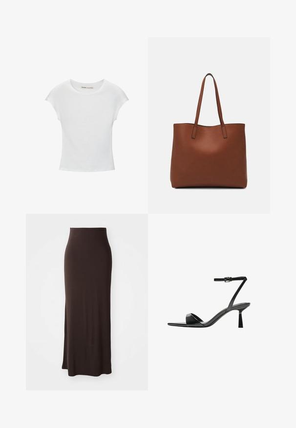 T-shirt blanc en coton avec un col rond, des manches courtes et une coupe ajustée. Texture lisse sans motifs ni embellissements.; Jupe longue et ajustée de couleur marron, fabriquée dans un tissu lisse et extensible, dotée d'une taille haute et d'une fente sur le côté, offrant une silhouette élégante.; Bershka Sandales à talons hauts - black; Sac fourre-tout en cuir marron avec une texture lisse, design à ouverture supérieure et deux poignées pour le porter à l'épaule. Présente des coutures minimales et aucun matériel visible.