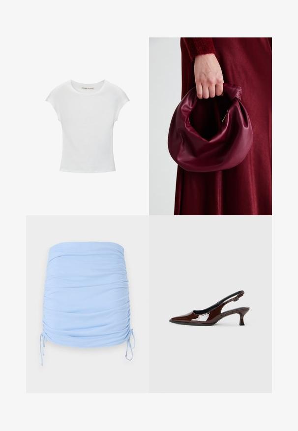 Biała bawełniana koszulka z okrągłym dekoltem, rękawami typu cap i dopasowanym krojem. Gładka faktura, bez wzorów i ozdób.; Jasnoniebieska mini spódniczka z marszczeniami, wykonana z elastycznej tkaniny. Posiada sznurki po bokach do regulacji dopasowania oraz gładką teksturę.; Brązowe lakierowane skórzane buty na obcasie typu slingback z ostrym noskiem i umiarkowanym obcasem. Posiadają pasek z klamrą dla zapewnienia stabilnego dopasowania. Gładka tekstura.; Bordowa skórzana torebka o miękkim, marszczonym wyglądzie i zaokrąglonym kształcie. Uchwyt jest zabezpieczony, co podkreśla gładką fakturę.
