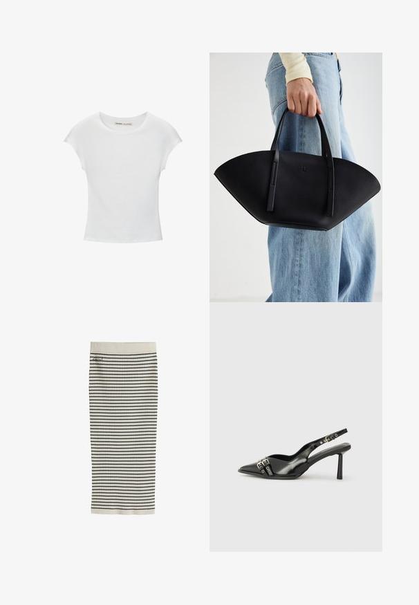 Tricou alb din bumbac cu guler rotund, mâneci scurte și un design ajustat. Textură netedă, fără modele sau embellismente.; Fustă tricotată cu nervuri de culoare crem, cu dungi negre orizontale și un mic logo brodat aproape de talie.; Pantofii slingback din piele lăcuită neagră, cu vârf ascuțit, bretele pentru gleznă cu catarame și accesorii din argint, și un toc subțire.; Geantă de piele neagră cu o formă unică de evantai, având mânere plate. Suprafața are o textură cu mici granule și un design minimalist.