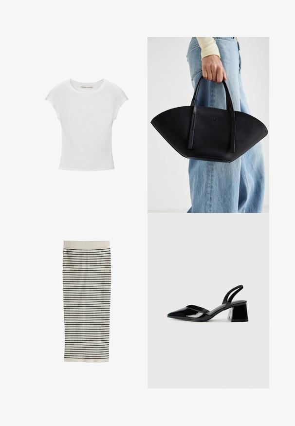 Biela bavlnená tričko s okrúhlym výstrihom, krátkymi rukávmi a priliehavým strihom. Hladká textúra bez vzorov alebo ozdôb.; Krémová rebrová pletená sukňa s horizontálnymi čiernymi pruhmi a malým vyšitým logom blízko pásu.; Čierne lakované kožené sandálové podpätky s špicatou špičkou a geometrickým blokovým podpätkom. Disponujú elegantným, minimalistickým dizajnom a hladkým povrchom.; Čierna kožená kabelka s jedinečným tvarom ventilátora, so plochými držadlami. Povrch má štruktúru s brúseným efektom a minimalistic design.
