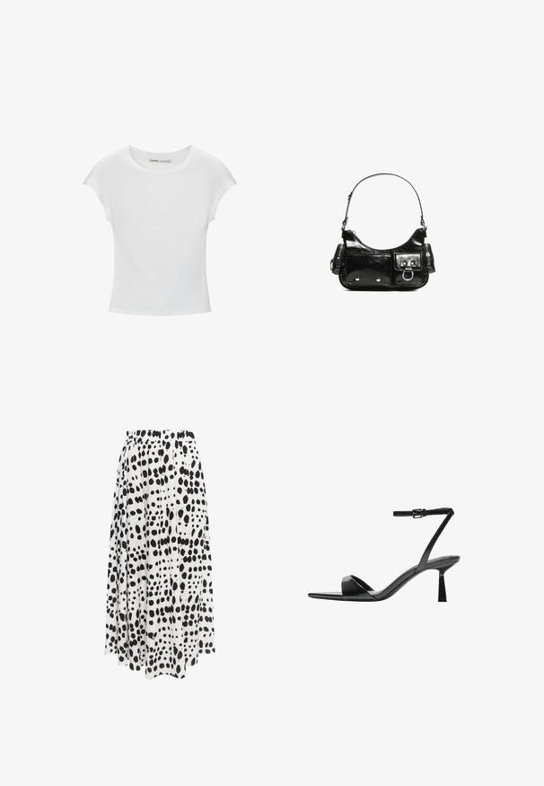 Biela bavlnená tričko s okrúhlym výstrihom, krátkymi rukávmi a priliehavým strihom. Hladká textúra bez vzorov alebo ozdôb.; Čierna a biela sukňa s vzorom, elastickým pásom, plnou, plisovanou konštrukciou a asymetrickým lemom.; Bershka Sandále na vysokom opätku - black; Čierna laková kožená kabelka s ohnutým tvarom, jedným ramenným popruhom, prednými vreckami a striebornými kovovými doplnkami.