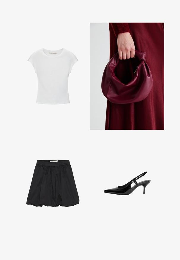 Hvid bomulds T-shirt med rund halsudskæring, korte ærmer og fitted design. Glat tekstur uden mønstre eller udsmykninger.; Sort nederdel med samlet stof og elastisk talje, der har en glat tekstur og en afslappet, flared form.; Sorte patentlæder slingback-pumper med spids tå, åbne sideudskæringer, slank hæl og justerbar ankelrem.; Bordeaux læderhåndtaske med et blødt, samlet design og en rund form. Håndtaget er sikret og viser en glat tekstur.