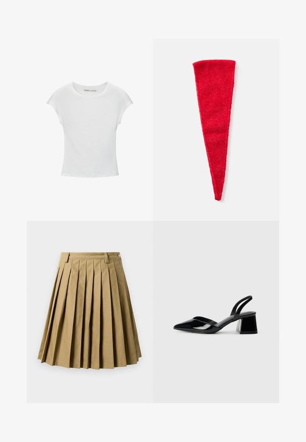 Tricou alb din bumbac cu guler rotund, mâneci scurte și un design ajustat. Textură netedă, fără modele sau embellismente.; Fustă plisată khaki, fabricată dintr-un amestec de bumbac, având un talie ajustată cu bucle pentru curea și o siluetă evazată, care se termină deasupra genunchiului.; Pantofi cu toc slingback din piele lacuită neagră, cu vârf ascuțit și toc geometric. Prezintă un design elegant, minimalist și o textură netedă.; Accesoriu textil triunghiular roșu, cu o textură moale, tricotată. Se îngustează de la un vârf mai lat la un vârf ascuțit, potrivit pentru diverse stiluri.; Geantă de umăr din piele maro cu o textură netedă, design cu vârf deschis și două curele pentru umăr. Prezintă cusături minime și fără componente metalice vizibile.