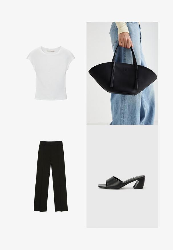 Bijela pamučna majica s okruglim izrezom, kratkim rukavima i prilagodljivim krojem. Glatka tekstura bez uzoraka ili ukrasa.; Crne široke hlače izrađene od glatkog materijala, s uskim pojasom i suptilnim prednjim naborima za dodatnu teksturu.; Crne sandale s potpeticom koje imaju glatki gornji dio od umjetne kože, otvoreni dizajn na prstima i karakterističnu kutnu potpeticu. Minimalistička podloga u kvadratnom obliku.; Crna kožna torba jedinstvenog oblika ventilatora, s ravnim ručkama. Površina ima teksturu sličnu šljunku i minimalistički dizajn.