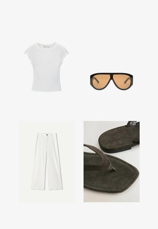 White cotton T-shirt with a round neckline, cap sleeves, and a fitted design. Smooth texture with no patterns or embellishments.; White wide-leg trousers made of smooth fabric, featuring a front button closure and pleated details. Flat front design, no pockets visible.; Dark brown flip-flops with suede texture and a distinct toe post, featuring the brand name "NEXT" embossed on the sole.; Black oversized sunglasses with brown lens, featuring wide, angular frames and straight arms. Smooth glossy finish, minimal hardware.; Beige leather handbag with a unique shape, featuring two short handles and a long adjustable strap. Smooth texture with minimal hardware.