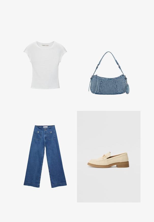 Bílá bavlněná tričko s kulatým výstřihem, krátkými rukávy a přiléhavým střihem. Hladká textura bez vzorů nebo ozdob.; Džínové kalhoty širokého střihu s středně modrým omakem, dvěma předními kapsami se zapínáním na knoflíky a prošíváním podél lemů.; Béžové textilní mokasíny s nízkým blokovým podpatkem, se šitým vzorem a dekoračním zlatým kovovým akcentem na svrchní části.; Džínová kabelka s zakřiveným tvarem, světle modré barvy, nastavitelným ramenním popruhem a malou odnímatelnou kapsičkou s metalickými akcenty.