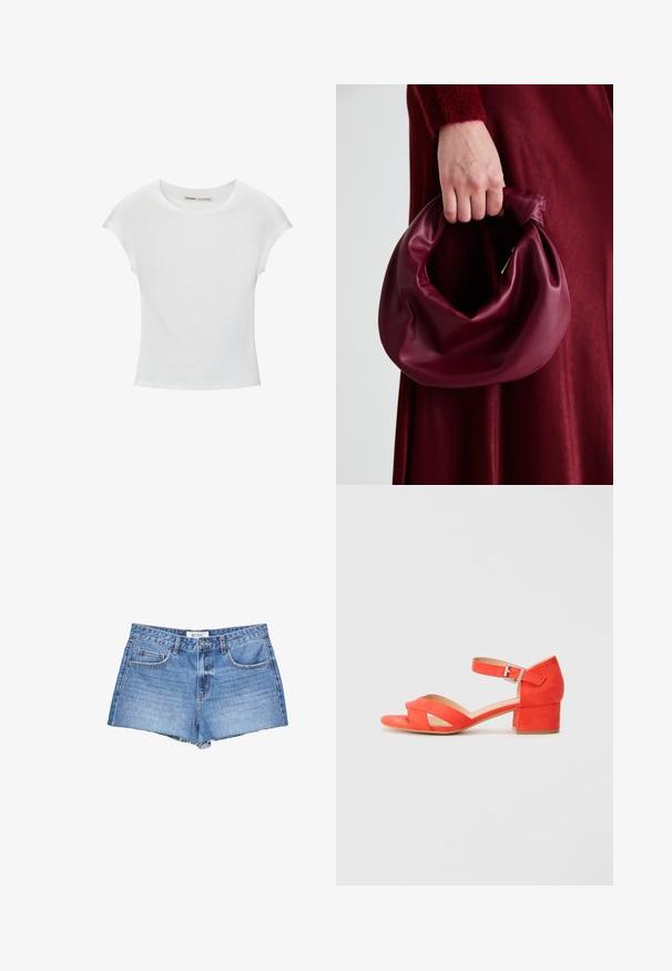 T-shirt bianco in cotone con scollatura rotonda, maniche a cappuccio e design aderente. Tessuto liscio senza motivi o decorazioni.; Shorts in denim di un azzurro chiaro, con orlo sfilacciato, classico design a cinque tasche e chiusura a bottone frontale.; Sandalo in suede arancione con tacco a blocco, caratterizzato da cinturini incrociati e una cinghietta alla caviglia con una fibbia in argento. Suola piatta.; Borsa in pelle bordeaux con un design morbido e arricciato e una forma arrotondata. Il manico è fissato, mostrando una texture liscia.