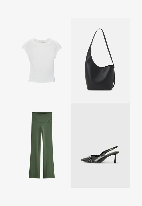 Tricou alb din bumbac cu guler rotund, mâneci scurte și un design ajustat. Textură netedă, fără modele sau embellismente.; Leggings evazate dintr-un material solid de culoare verde măsliniu, cu un tiv neted și un design elegant, fără modele sau embellismente pronunțate.; Pantofii slingback din piele lăcuită neagră, cu vârf ascuțit, bretele pentru gleznă cu catarame și accesorii din argint, și un toc subțire.; Geantă hobo din piele neagră, cu o textură netedă, formă curbată și un singur bretele ajustabil; are o deschidere largă în partea de sus.