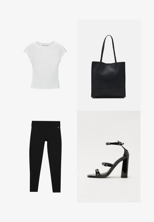 Bílá bavlněná tričko s kulatým výstřihem, krátkými rukávy a přiléhavým střihem. Hladká textura bez vzorů nebo ozdob.; Černé legíny s vysokým pasem. Vyrobeny z hladkého, elastického materiálu s plochými švy a malým logem blízko pasu.; Černé lakované sandály na podpatku se čtveratou špičkou, lýtkovými pásky a stříbrnými přezkami. Disponují masivním blokovým podpatkem pro stabilitu.; Černá kožená taška přes rameno s hladkým povrchem, obdélníkovým tvarem a dvěma dlouhými uchy. Žádné viditelné kování ani ozdoby.