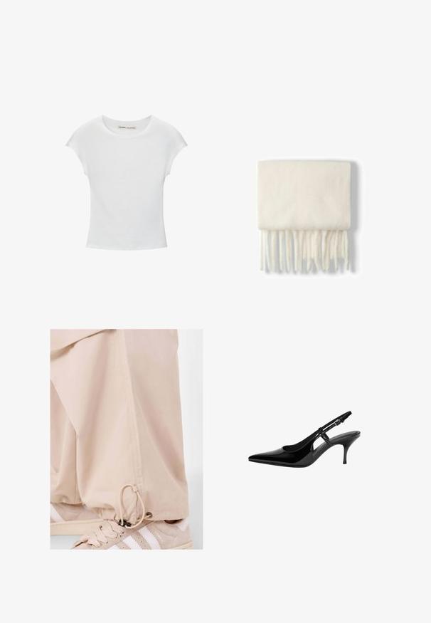 Witte katoenen T-shirt met een ronde hals, korte mouwen en een getailleerd ontwerp. Soepele textuur zonder patronen of versieringen.; Beige broek van lichtgewicht stof, met een trekkoord aan de zoom en gecombineerd met beige sneakers met witte strepen.; Zwarte gepatenteerde leren slingback pump met puntige neus, open zijuitsparingen, slanke hak en verstelbare enkelband.; Bershka PLAIN-COLOURED - Sjaal - white