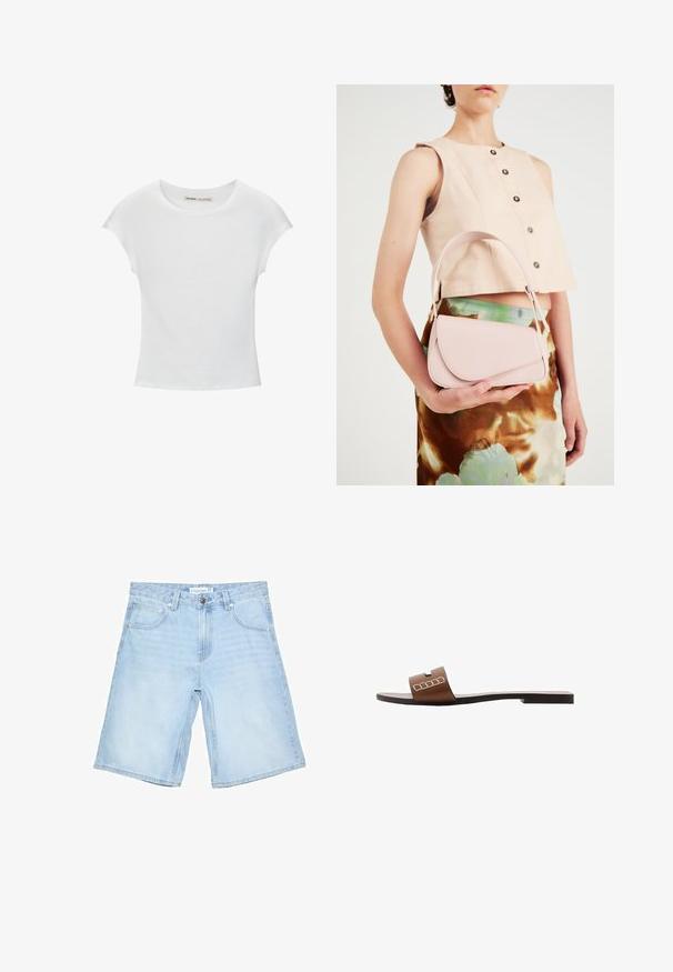 Bílá bavlněná tričko s kulatým výstřihem, krátkými rukávy a přiléhavým střihem. Hladká textura bez vzorů nebo ozdob.; Světle modré džíny šortky s volným střihem do délky kolen. Obsahuje pět kapes a přední zapínání na knoflík. Dokončení zahrnuje prošívané švy.; Hnědé kožené skluzné sandály s plochou podrážkou, které mají široký pásek a bílé geometrické akcenty pro minimalistický design.; Růžová kožená kabelka s zakřiveným klopou, jedním ramenním popruhem a čistými liniemi. Taška má hladkou texturu a minimalistický design.