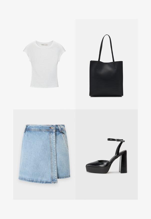 Bijela pamučna majica s okruglim izrezom, kratkim rukavima i prilagodljivim krojem. Glatka tekstura bez uzoraka ili ukrasa.; Svijetloplava traper suknja ravnog kroja, s prednjim zatvaranjem na gumbe i kontrastnim šavovima. Nema vidljivih džepova.; Crne platforme s potpeticom s oštrim vrhom i podešivom naramenicom. Izrađene od glatke kože, s masivnom blok petom.; Crna kožna torba za nošenje s glatkom teksturom, pravokutnim oblikom i dvije duge ručke. Nema vidljivih metalnih dijelova ili ukrasa.