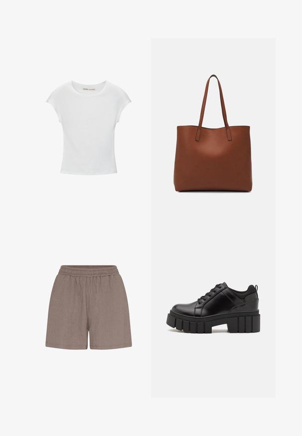 Bela bombažna majica s krožnim izrezom, kratkimi rokavi in prilegajočim se dizajnom. Gladka tekstura brez vzorcev ali okraskov.; Rjavi, teksturirani šortsi z elastičnim pasom. Imajo sproščen kroj in preprosto konstrukcijo, primerni za prosti čas.; Črne usnjene platforme z debelim blokastim petam, okroglo konico in klasičnim vezanjem. Imajo gladko teksturo in minimalne podrobnosti.; Rjava usnjena torba z gladko teksturo, odprto zasnovo zgoraj in dvema naramnima trakovoma. Opremljena je z minimalnim šivanjem in brez vidnih kovinskih delov.