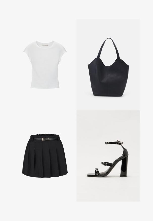 Fehér pamut póló kerek nyakkivágással, rövidujjakkal és testhez álló fazonnal. Simább textúra díszítések vagy minták nélkül.; Fekete plöttyös szoknya, gyűrött gumis derékkal és vékony fekete övvel, aranyszínű csattal. Szőtt anyagból készült.; Fekete lakk magas sarkú szandál négyzet alakú orral, bokapántokkal és ezüst csatokat tartalmaz. Masszív blokk sarka a stabilitásért felel.; Fekete tote táska sima bőrből, ívelt, nyitott tetővel és két vállpánttal, minimális dizájnnal.