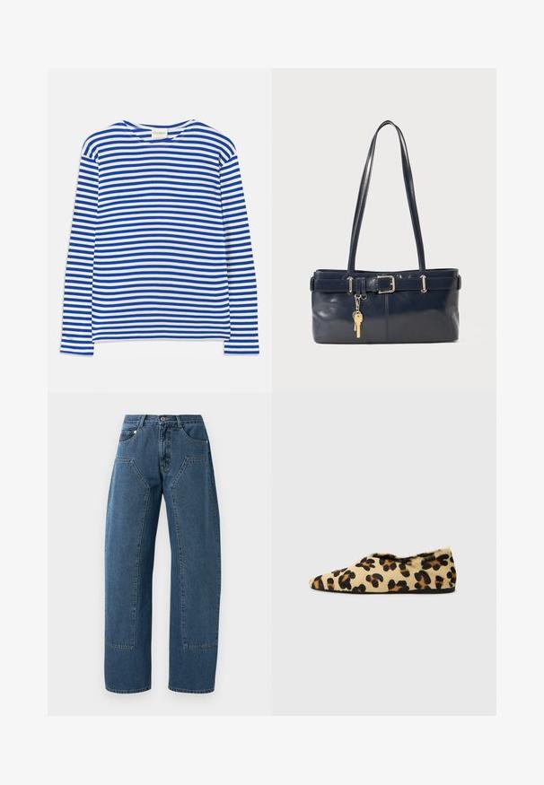 Ilga rankovė marškiniai su mėlynomis ir baltomis horizontaliomis juostelėmis, apvaliu kaklu, ir etiketė "CLOSED" ant apykaklės, padėti ant balto fono.; Mėlynos džinsinės kelnės su plačiomis kojomis, didelėmis priekinėmis kišenėmis, mygtukų užsegimu ir diržo kilpomis.; Leopardo rašto plokšti batai, pagaminti iš minkštos odos, su smailiu priekiu ir žemu profiliu. Natūralios spalvos su juodais akcentais.; Jūrinės odos rankinė su dviem ilgais rankenomis, sagties detalė ir pridėtas raktų pakabukas. Turi lygią tekstūrą ir stačiakampio formą.