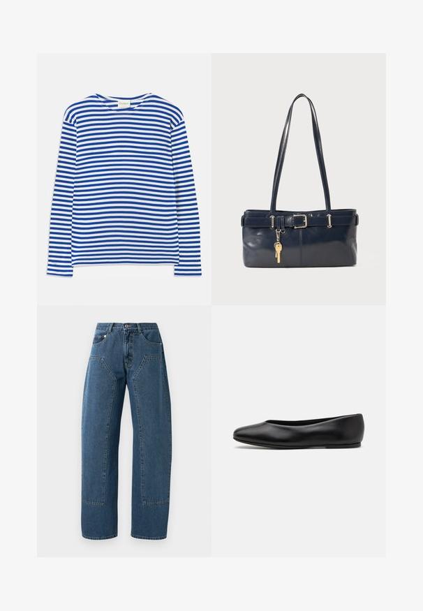 Dlouhý rukáv, košile s modro-bílými vodorovnými pruhy, kulatý výstřih a štítek "CLOSED" na límci, položená na bílé pozadí.; Modré džínové kalhoty se širokými nohavicemi, velkými předními kapsami, zapínáním na knoflík a poutky na opasek.; Paul Smith TOPANGA - Klasické baleríny - black; Námořnická kožená kabelka s dvěma dlouhými uchy, detaily s přezkou a připevněným klíčenkou. Vyznačuje se hladkým povrchem a obdélníkovým tvarem.