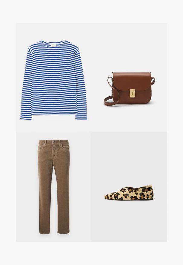 Langærmet skjorte med blå og hvide vandrette striber, rund hals, og "CLOSED" label ved kraven, laid flat på hvid baggrund.; Brune kordfløjls lige ben bukser med forlommer, bæltestropper og knaplukning på en hvid baggrund.; Leopardprint flade sko lavet af blød pels med en spidse tå-design og en lav profil. Naturlige nuancer med sorte accenter.; Brun læder håndtaske med flaplukning, hardware i gyldent tone, en skulderrem og en glat overflade. Kompakt rektangulær form.