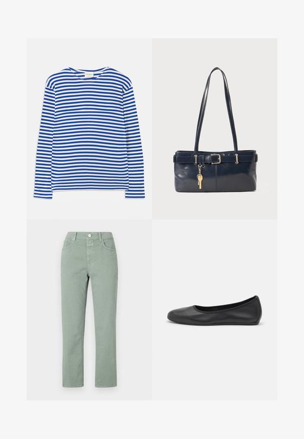 Dlouhý rukáv, košile s modro-bílými vodorovnými pruhy, kulatý výstřih a štítek "CLOSED" na límci, položená na bílé pozadí.; Svetle zelené bavlněné kalhoty s rovnými nohavicemi, vybavené předními kapsami, zapínáním na knoflík a jemnými švy.; Černé kožené baletní byty s kulatou špičkou, hladkou texturou, minimálními švy a flexibilním designem podrážky.; Námořnická kožená kabelka s dvěma dlouhými uchy, detaily s přezkou a připevněným klíčenkou. Vyznačuje se hladkým povrchem a obdélníkovým tvarem.