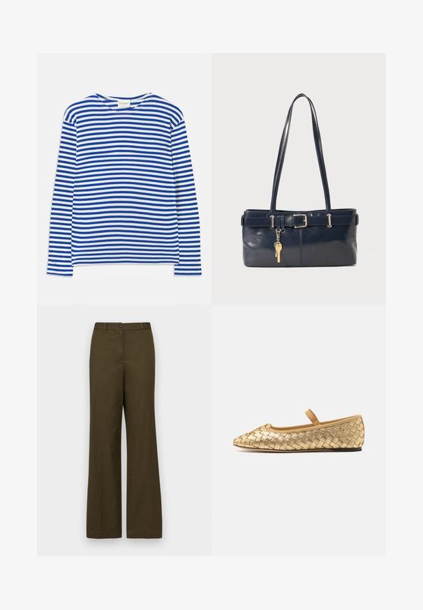 Camicia a maniche lunghe con righe orizzontali blu e bianche, collo a girocollo e etichetta "CLOSED" al colletto, posata su uno sfondo bianco.; Pantaloni a gamba larga verde oliva realizzati in tessuto misto cotone. Presentano una chiusura frontale con bottone, passanti per cintura e due tasche laterali.; Loeffler Randall LEONIE SOFT BALLET FLAT - Ballerine con cinturino - gold; Borsa a mano in pelle blu con due manici lunghi, un dettaglio con fibbia e un portachiavi attaccato. Presenta una texture liscia e una forma rettangolare.