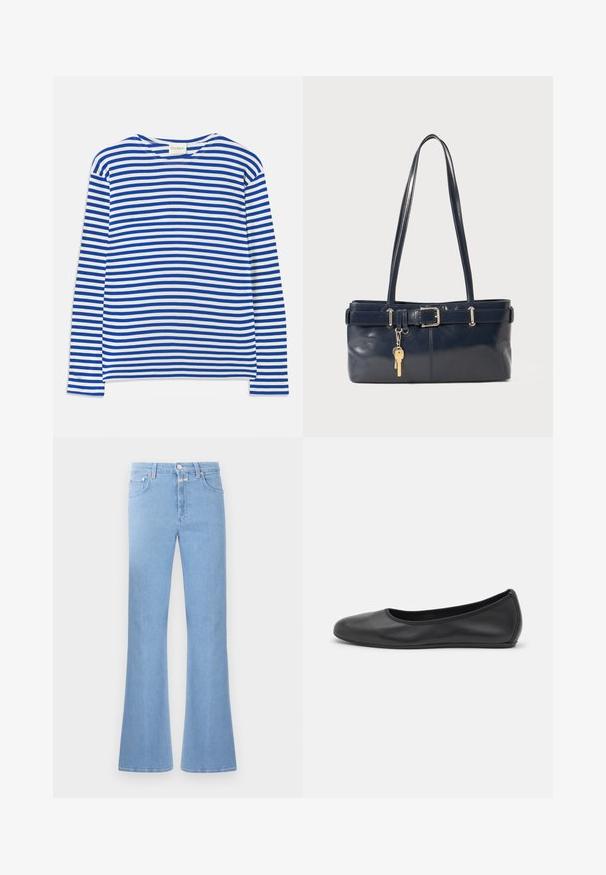 Ilga rankovė marškiniai su mėlynomis ir baltomis horizontaliomis juostelėmis, apvaliu kaklu, ir etiketė "CLOSED" ant apykaklės, padėti ant balto fono.; Šviesiai mėlyni platėjantys džinsai, pagaminti iš džinsinio audinio, pasižymintys aukštu liemeniu, penkių kišenių dizainu ir kontrastingomis siuvimo siūlėmis. Lygi tekstūra su švariu apdaila.; Juodai odiniai baletai su apvaliu pirštu, lygi texture, minimalus siuvimo detales ir lanksčiu padų dizainu.; Jūrinės odos rankinė su dviem ilgais rankenomis, sagties detalė ir pridėtas raktų pakabukas. Turi lygią tekstūrą ir stačiakampio formą.