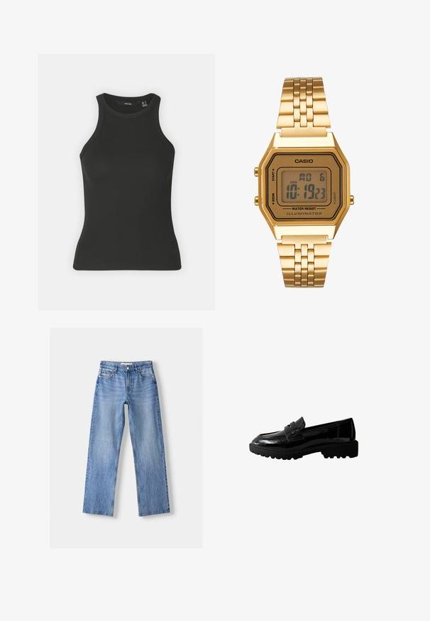 Czarny prążkowany top na ramiączkach z wysokim dekoltem i bez rękawów. Posiada dopasowany fason i miękką teksturę.; Jasnoniebieskie dżinsy o prostym kroju, z pięcioma kieszeniami, z przodem zapinanym na guzik oraz delikatnym przetarciem dla dodania tekstury.; Czarny lakierowany materiałowy półbut z zaokrąglonym noskiem, podniesioną przednią wstawką i teksturowaną gumową podeszwą z rowkami dla lepszej przyczepności.; Złoty zegarek cyfrowy z prostokątną tarczą, wyświetlaczem LCD, stalową bransoletą i przyciskami po bokach. Posiada oznaczenie wodoodporności.