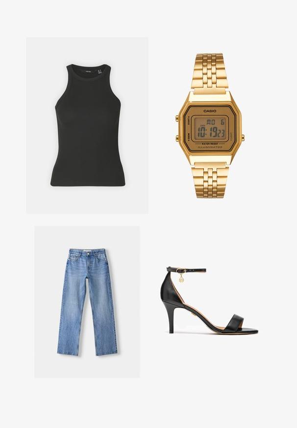Musta ribbatun tank top, jossa on korkea pääntie ja hihaton muotoilu. Ominaisuuksiin kuuluu tiukka siluetti ja pehmeä tekstuuri.; Vaaleansiniset denim-farkut suoranlahkeisella muotoilulla, joissa on viisi taskua, etupainikeh closure ja hienovarainen haalistuminen pintakuvioinnin vuoksi.; Mustat nahkaisen korkokenkä sandaalit, joissa on yksi hihna varpaiden yli, nilkkahihna, kultaiset yksityiskohdat ja hoikka stiletto-korko.; Kultainen digitaalikello, jossa on suorakulmainen näyttö, LCD-näyttö, ruostumattomasta teräksestä valmistettu ranneke ja sivuilla olevat painikkeet. Varustettu vedenkestävä etiketti.
