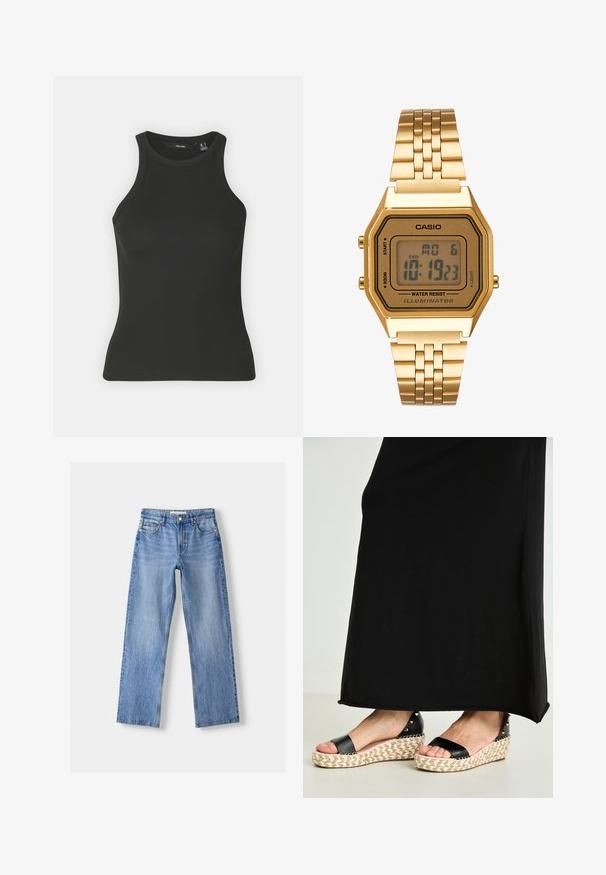 Czarny prążkowany top na ramiączkach z wysokim dekoltem i bez rękawów. Posiada dopasowany fason i miękką teksturę.; Jasnoniebieskie dżinsy o prostym kroju, z pięcioma kieszeniami, z przodem zapinanym na guzik oraz delikatnym przetarciem dla dodania tekstury.; Czarne sandały w stylu espadryli z plecioną platformą z jutowego sznurka i teksturowanymi czarnymi paskami, ozdobione metalowymi ćwiekami dla dodatkowego efektu.; Złoty zegarek cyfrowy z prostokątną tarczą, wyświetlaczem LCD, stalową bransoletą i przyciskami po bokach. Posiada oznaczenie wodoodporności.