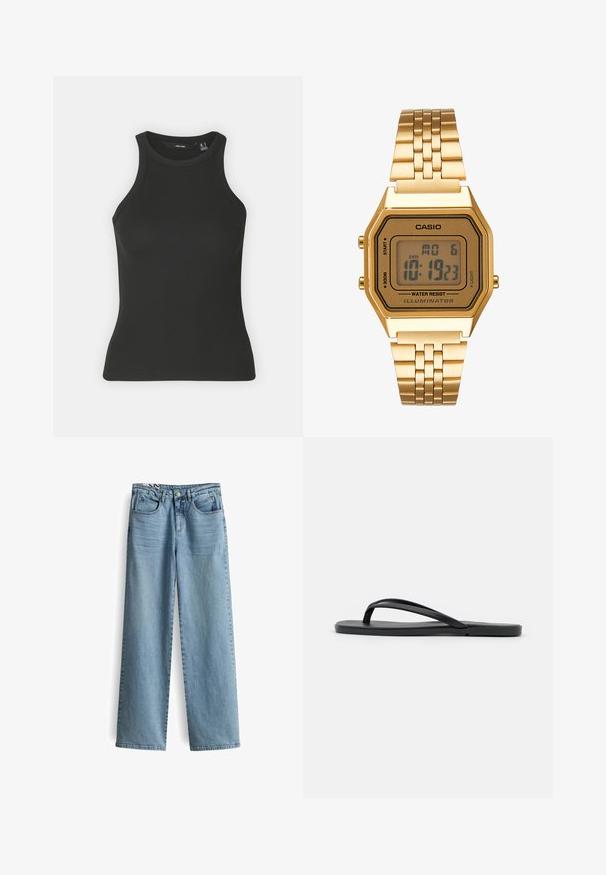 Black ribbed tank top with a high neckline and sleeveless design. Features a fitted silhouette and soft texture.; Light blue wide-leg jeans made of denim, featuring five pockets, zipper fly, and a button closure at the waistband.; Black flip-flop featuring a minimalist design with a flat sole, narrow straps, and a smooth texture. No additional patterns or accents.; Gold digital watch with a rectangular face, LCD display, stainless steel band, and buttons on the side. Features a water-resistant label.