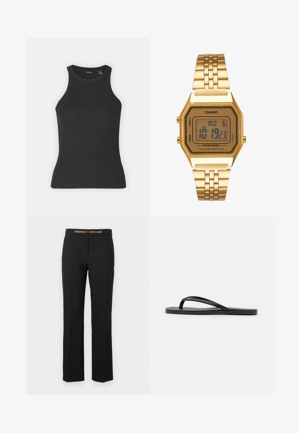 Zwarte geribde tanktop met een hoge halslijn en mouwloos ontwerp. Heeft een getailleerd silhouet en een zachte textuur.; Zwarte broeken met een recht model, voorzien van een gouden kettingaccent op de tailleband. Gemaakt van een gladde stof met een getailleerde pasvorm.; Zwarte flip-flop met een minimalistisch ontwerp, een platte zool, smalle banden en een gladde textuur. Geen extra patronen of accenten.; Gouden digitale klok met een rechthoekige wijzerplaat, LCD-display, roestvrijstalen band en knoppen aan de zijkant. Bevat een waterdicht label.