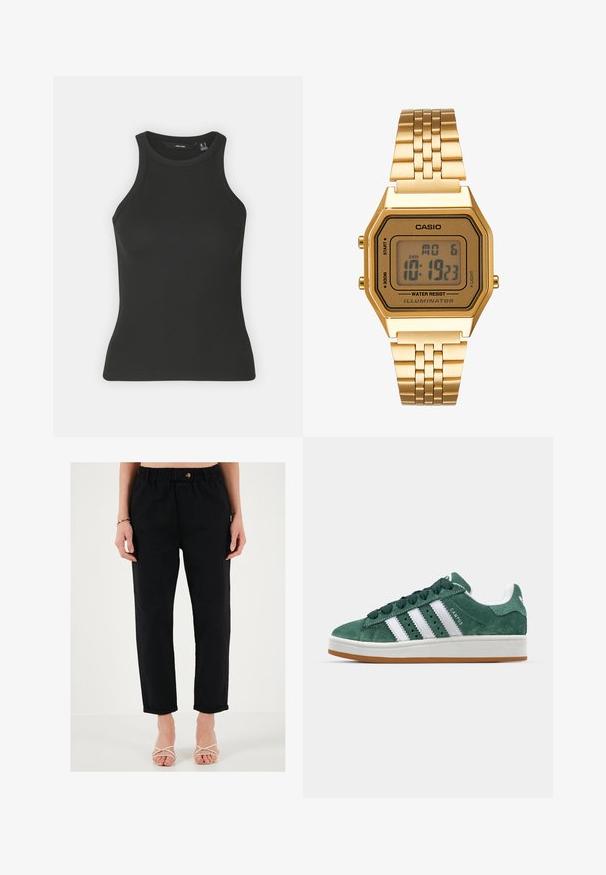 Juodas įrengtas marškinėliai su aukštu apykaklės iškirpimu ir be rankovių dizainu. Pasižymi prisitaikančiu siluetu ir švelnia tekstūra.; Juodos laisvos kelnės, pagamintos iš medvilnės, su elastingu juosmeniu, sagos užsegimu ir suktomis rankovėmis. Lygi tekstūra ir kasualus dizainas.; Žalios zomšinės sportinės bateliai su baltomis odinėmis juostelėmis, guminėmis padangomis, paminkštintu kraštu ir minimalistiniu dizainu. Ant šono yra ženklas.; Auksinis skaitmeninis laikrodis su stačiakampiu ciferblatu, LCD ekranu, nerūdijančio plieno apyranke ir šoninėmis mygtukais. Yra nurodytas vandeniui atsparus ženklas.