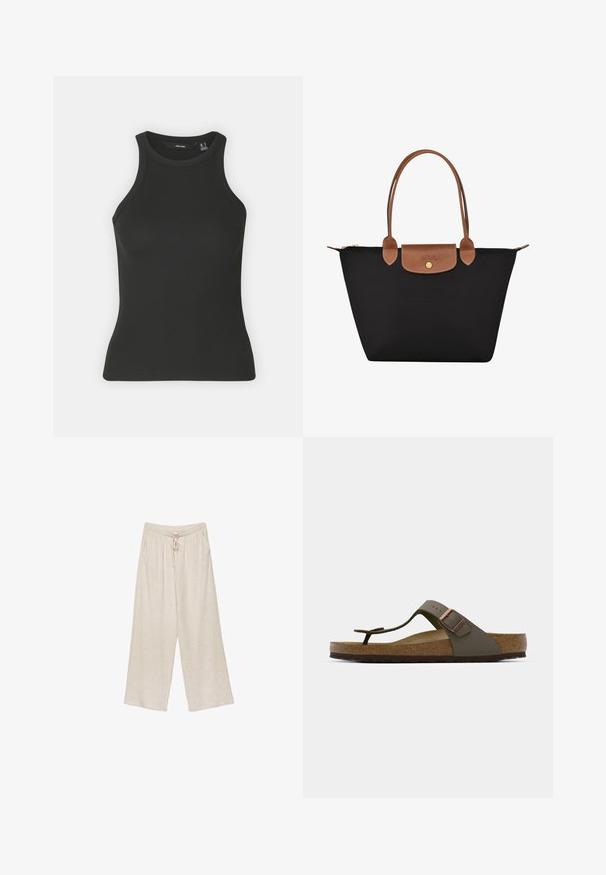Black ribbed tank top with a high neckline and sleeveless design. Features a fitted silhouette and soft texture.; Beige linen wide-leg pants, featuring a drawstring waist, two side pockets, and a slightly textured fabric for breathability and comfort.; Olive green flip-flop sandal with a cork footbed, rubber sole, and a decorative metal buckle accent on the strap. Minimalist design and texture.; Black nylon tote bag with brown leather accents and handles. Features a snap closure and a front pocket with a logo detail.