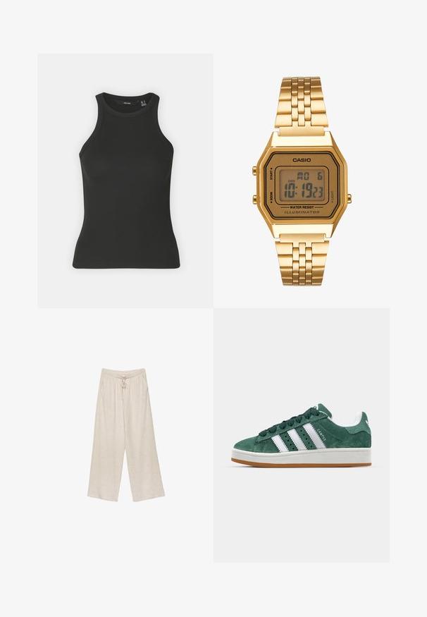 Czarny prążkowany top na ramiączkach z wysokim dekoltem i bez rękawów. Posiada dopasowany fason i miękką teksturę.; Beżowe lniane spodnie szerokie w nogawkach, z elastycznym paskiem, dwiema bocznymi kieszeniami oraz lekko teksturowanym materiałem zapewniającym oddychalność i komfort.; Zielone zamszowe trampki z białymi skórzanymi paskami, gumową podeszwą, wyściełanym kołnierzem i minimalistycznym wzornictwem. Posiadają branding z boku.; Złoty zegarek cyfrowy z prostokątną tarczą, wyświetlaczem LCD, stalową bransoletą i przyciskami po bokach. Posiada oznaczenie wodoodporności.