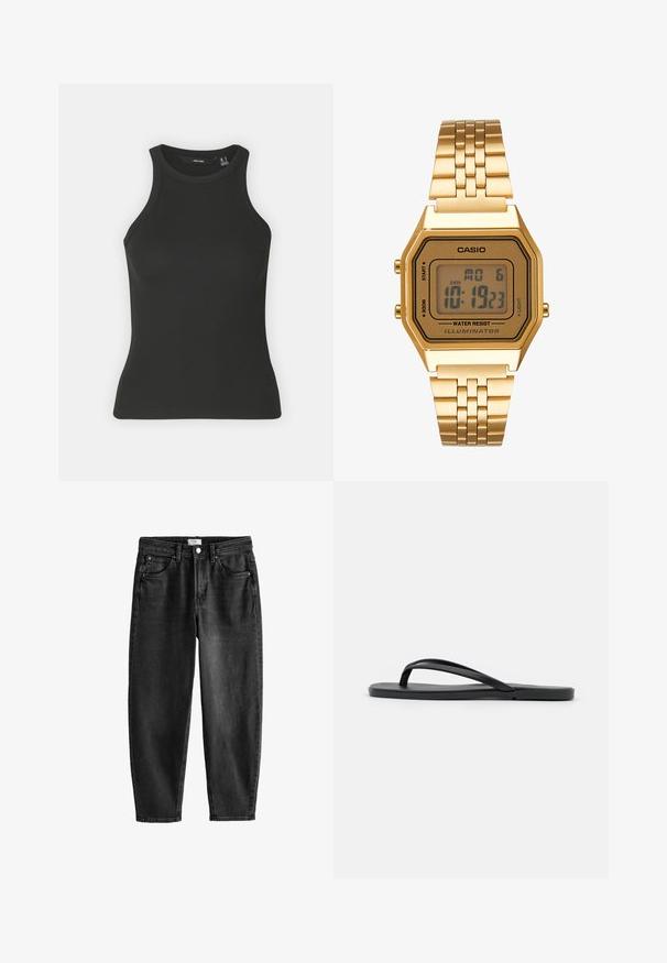 Débardeur noir à côtes avec un col haut et sans manches. Présente une silhouette ajustée et une texture douce.; Jean en denim noir avec une coupe droite, cinq poches et fermeture à bouton. Présente un léger délavage et des détails de couture. Design décontracté.; Tongs noires au design minimaliste avec une semelle plate, des brides étroites et une texture lisse. Pas de motifs ou d'accents supplémentaires.; Montre numérique dorée avec un cadran rectangulaire, écran LCD, bracelet en acier inoxydable et boutons sur le côté. Présente un label résistant à l'eau.