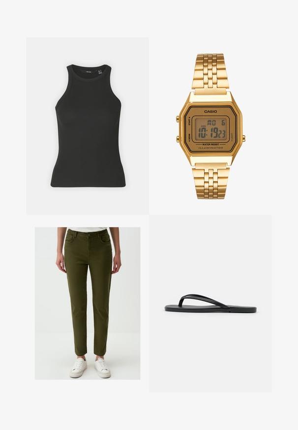 Débardeur noir à côtes avec un col haut et sans manches. Présente une silhouette ajustée et une texture douce.; Pantalons slim fit vert olive en tissu doux avec cinq poches, fermeture à bouton et texture lisse, associés à des baskets blanches.; Tongs noires au design minimaliste avec une semelle plate, des brides étroites et une texture lisse. Pas de motifs ou d'accents supplémentaires.; Montre numérique dorée avec un cadran rectangulaire, écran LCD, bracelet en acier inoxydable et boutons sur le côté. Présente un label résistant à l'eau.