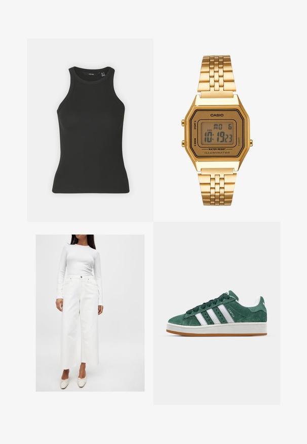 Zwarte geribde tanktop met een hoge halslijn en mouwloos ontwerp. Heeft een getailleerd silhouet en een zachte textuur.; Witte lange mouw top met een ribbelstructuur, gecombineerd met hoge witte wijde jeans met voorzakken en zilveren hardwaredetails.; Groene suède sneaker met witte leren strepen, rubberen zool, gepolsterde kraag en een minimalistisch ontwerp. Bevat merkbranding aan de zijkant.; Gouden digitale klok met een rechthoekige wijzerplaat, LCD-display, roestvrijstalen band en knoppen aan de zijkant. Bevat een waterdicht label.