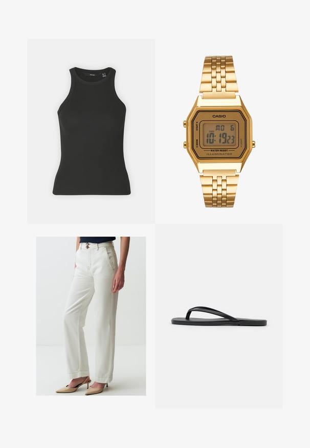 Débardeur noir à côtes avec un col haut et sans manches. Présente une silhouette ajustée et une texture douce.; Pantalons larges blancs en denim, dotés de deux boutons, poches avant, coutures contrastées et une légère texture.; Tongs noires au design minimaliste avec une semelle plate, des brides étroites et une texture lisse. Pas de motifs ou d'accents supplémentaires.; Montre numérique dorée avec un cadran rectangulaire, écran LCD, bracelet en acier inoxydable et boutons sur le côté. Présente un label résistant à l'eau.