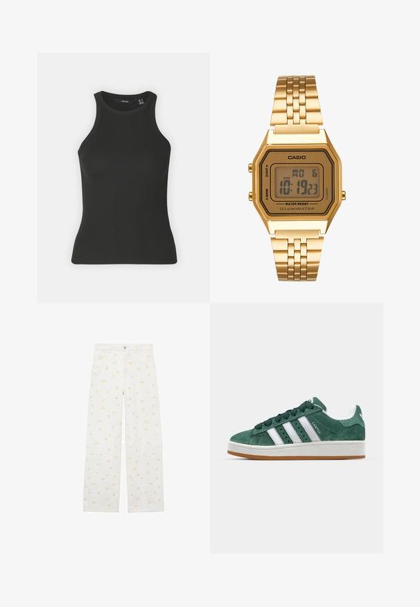 Black ribbed tank top with a high neckline and sleeveless design. Features a fitted silhouette and soft texture.; White wide-leg pants made of denim, featuring an all-over light orange floral pattern and front pockets. Buttons at the waist for closure.; Green suede sneaker with white leather stripes, rubber sole, padded collar, and minimalistic design. Features branding on the side.; Gold digital watch with a rectangular face, LCD display, stainless steel band, and buttons on the side. Features a water-resistant label.