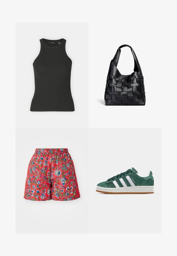 Fekete bordázott ujjatlan felső magas nyakkivágással. Jellemzője a formázott fazon és a puha textúra.; Piros virágmintás rövidnadrág rugalmas derekú. Kék és zöld virágminták jellemzik, sima tapintású és laza szabású.; Zöld nubuk sportcipő fehér bőr csíkokkal, gumitalppal, párnázott nyakkal és minimalista dizájnnal. Oldalán márkázással.; Fekete bőrből készült szőtt válltáska laza formával és széles vállpánttal. Jellemzője a texturált, összefonódott minta sima felülettel.