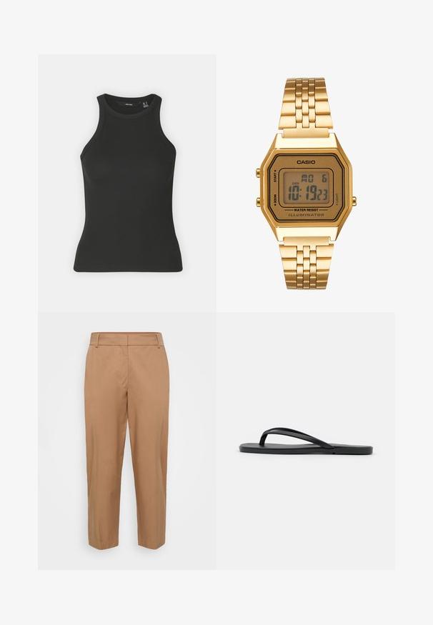 Must mustriba tank ülikond, millel on kõrge kaelus ja ilma varrukateta disain. Omab kaunist siluetti ja pehmet tekstuuri.; Sile pruunid püksid siledast kangast, sirge lõikega, kaldenurgaga eesmistest taskutest ning puhta viimistlusega, kus ei ole nähtavaid sulge.; Mustad mustikas, mis on minimalistliku disainiga, lame tallaga, kitsaste rihmadega ja siledast tekstuurist. Ilma lisamusteriteta või aktsentideta.; Kuldne digitaalkell, millel on ristkülikukujuline nägu, LCD-ekraan, roostevabast terasest rihm ja küljel nupud. Sisaldab veekindluse märgistust.