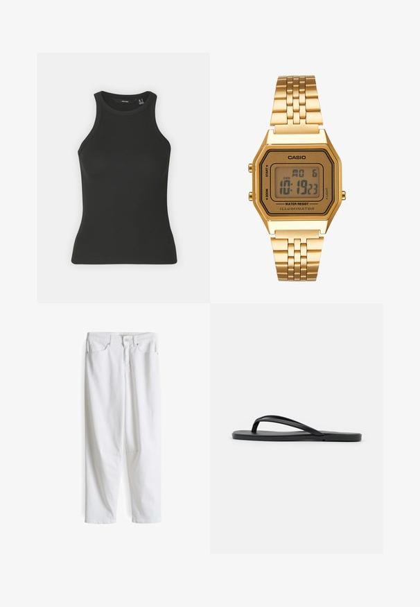 Zwarte geribde tanktop met een hoge halslijn en mouwloos ontwerp. Heeft een getailleerd silhouet en een zachte textuur.; Witte spijkerbroek met een relaxte pasvorm, voorzien van een klassiek vijf-pocket ontwerp, voor knoopsluiting en rechte pijpen.; Zwarte flip-flop met een minimalistisch ontwerp, een platte zool, smalle banden en een gladde textuur. Geen extra patronen of accenten.; Gouden digitale klok met een rechthoekige wijzerplaat, LCD-display, roestvrijstalen band en knoppen aan de zijkant. Bevat een waterdicht label.