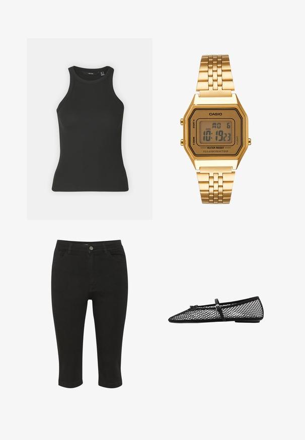 Crni rebrasti top bez rukava s visokom ovratnikom. Ima uski kroj i mekanu teksturu.; Crne traperice capri s pripijenim dizajnom, prednjim džepovima i jednim gumbom za zatvaranje, s glatkom teksturom i do gležnjeva.; Crne mrežaste balerinke s oštrim nosom, ukrasnom trakom i suptilnim naglaskom. Imaju otvoreni mrežasti dizajn i ravni potplat.; Zlatni digitalni sat s pravokutnim brojčanikom, LCD zaslonom, nehrđajućim čeličnim remenom i gumbima sa strane. Ima oznaku otpornosti na vodu.